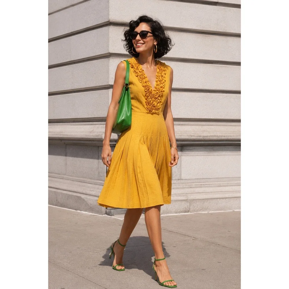 mustard yellow fitted dress Cache Mustard Yellow Linen Blend Ruffle V-Neck Fit and Flare Dress Womens 8